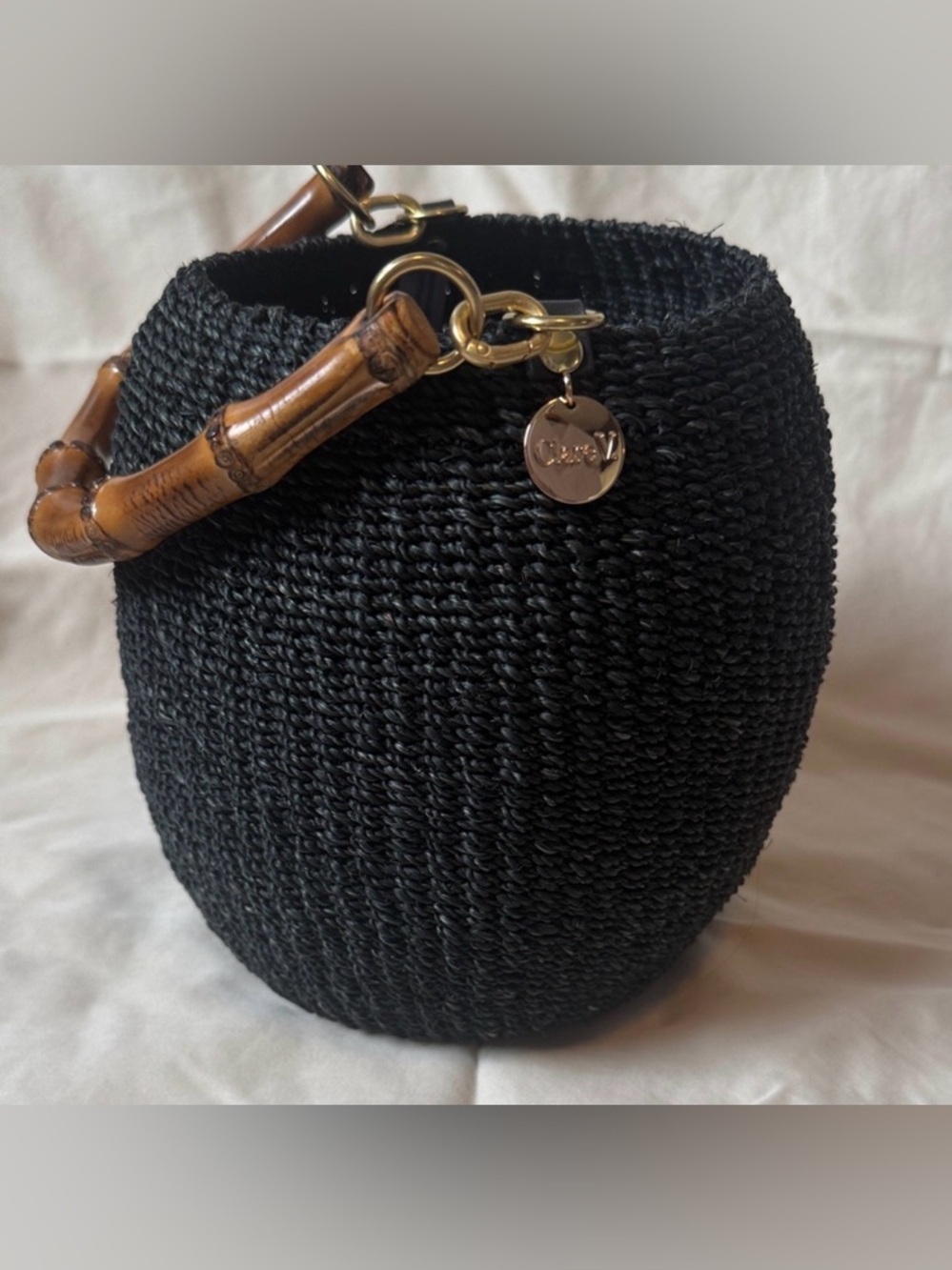 Clare V Black Pot De Miel Woven Bamboo-Handle Bucket Bag
